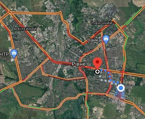 Затори в Рівному станом на 17:30, 8 лютого (за даними сайту maps.google.com)